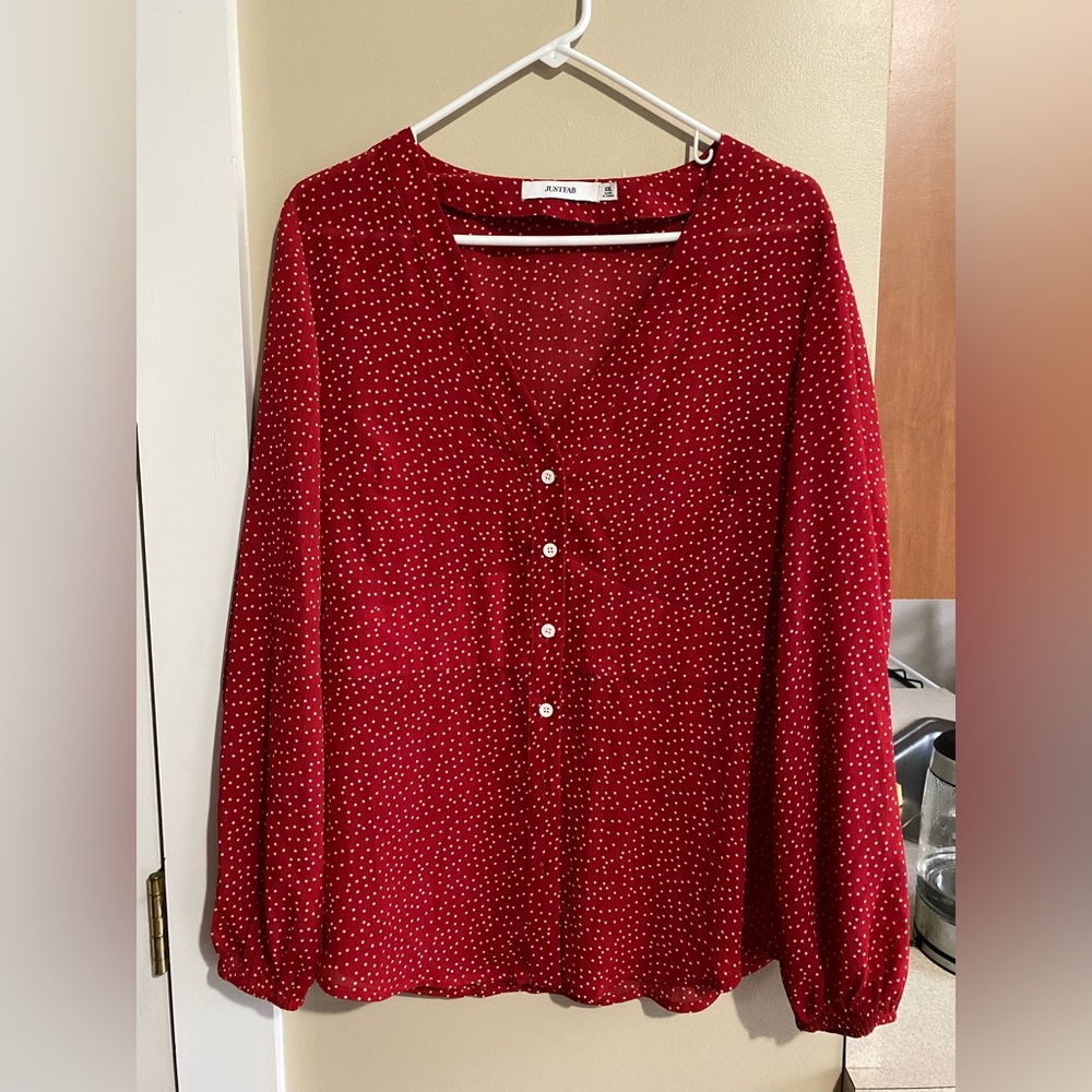 Just Fab red polka dot shirt